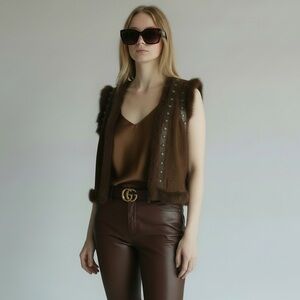 Vintage Marciano Rabbit Fur Studded Brown Leather Vest